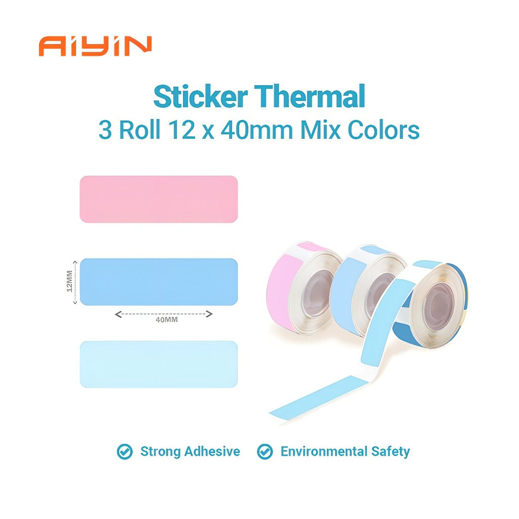 AiYin Sticker Thermal Paper 12mm X 40mm 3/8" x 1 1/2" 130pcs/roll Black On Pink Blue Light Blue Self Adhsive Tape for AiYin D11