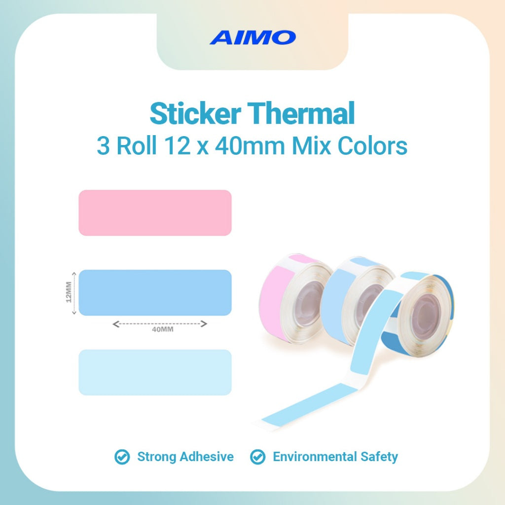 AIMO Sticker Thermal Paper 12mm X 40mm 3/8" X 1 1/2" Black On Pink, Blue, Light Blue Self-Adhsive Tape Compatible With AIMO D35