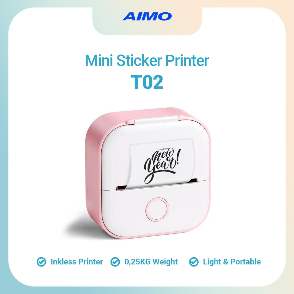 AIMO T02 Mobile Photo Label Printer 50 mm Mini Sticker Maker Thermal Printer Inkless Bluetooth Pocket Tanpa Tinta