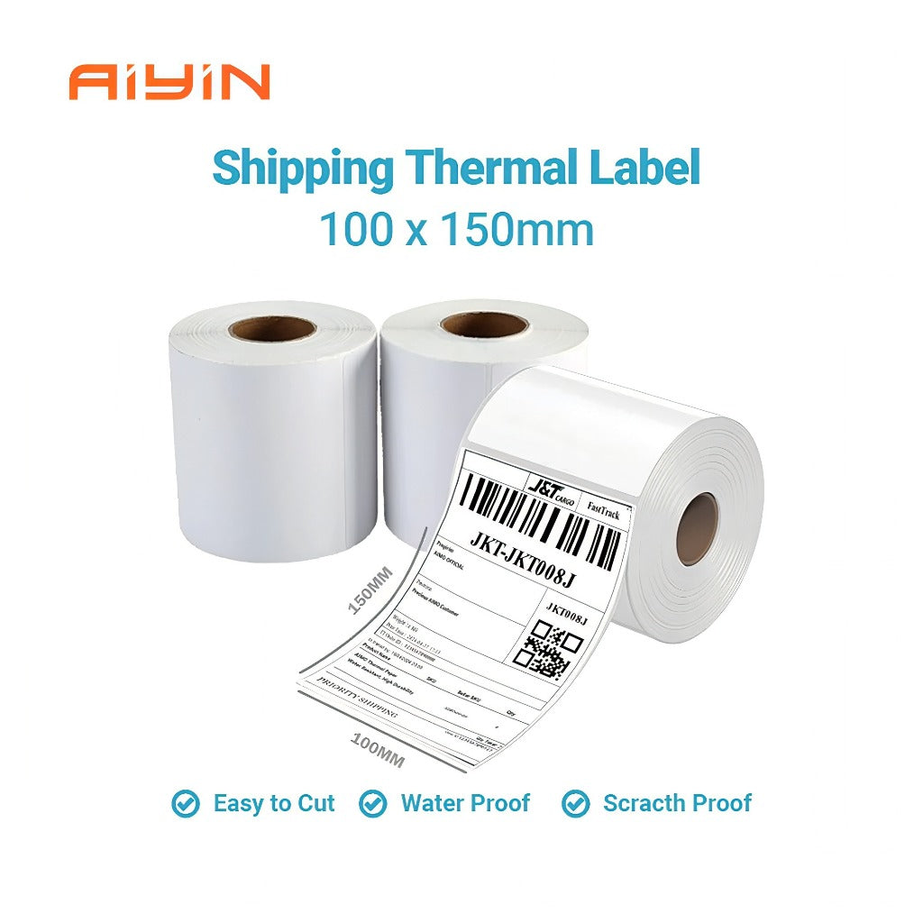 AiYin Thermal Paper 100mm x 150mm A6 500pcs/Roll Sticker Label Kertas Resi Shipping Label for ID240 AD240 E40 A81