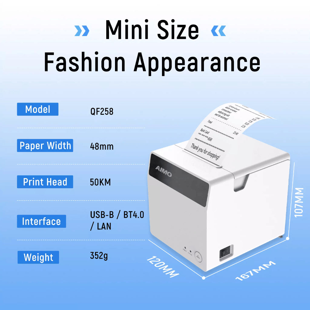 AIMO QF258 Receipt Printer 58 mm Barcode Thermal Printer Nota Kasir Inkless Tanpa Tinta
