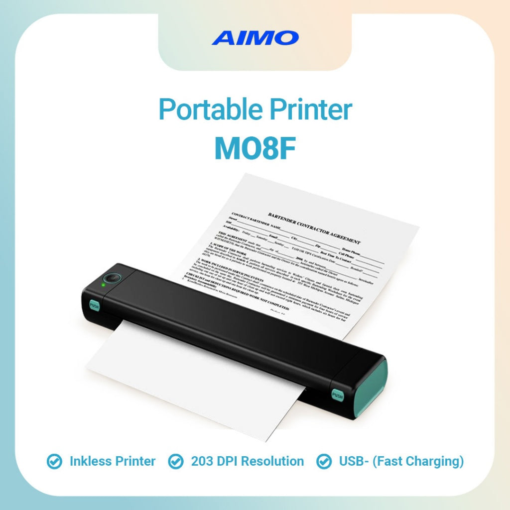 AIMO M08F Portable Thermal Printer A4 HVS Wireless Bluetooth Inkless Printer Tanpa Tinta