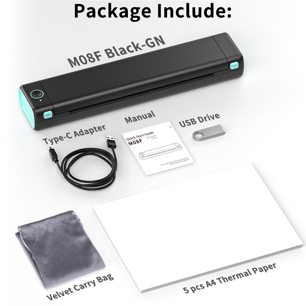 AIMO M08F Portable Thermal Printer A4 HVS Wireless Bluetooth Inkless Printer Tanpa Tinta